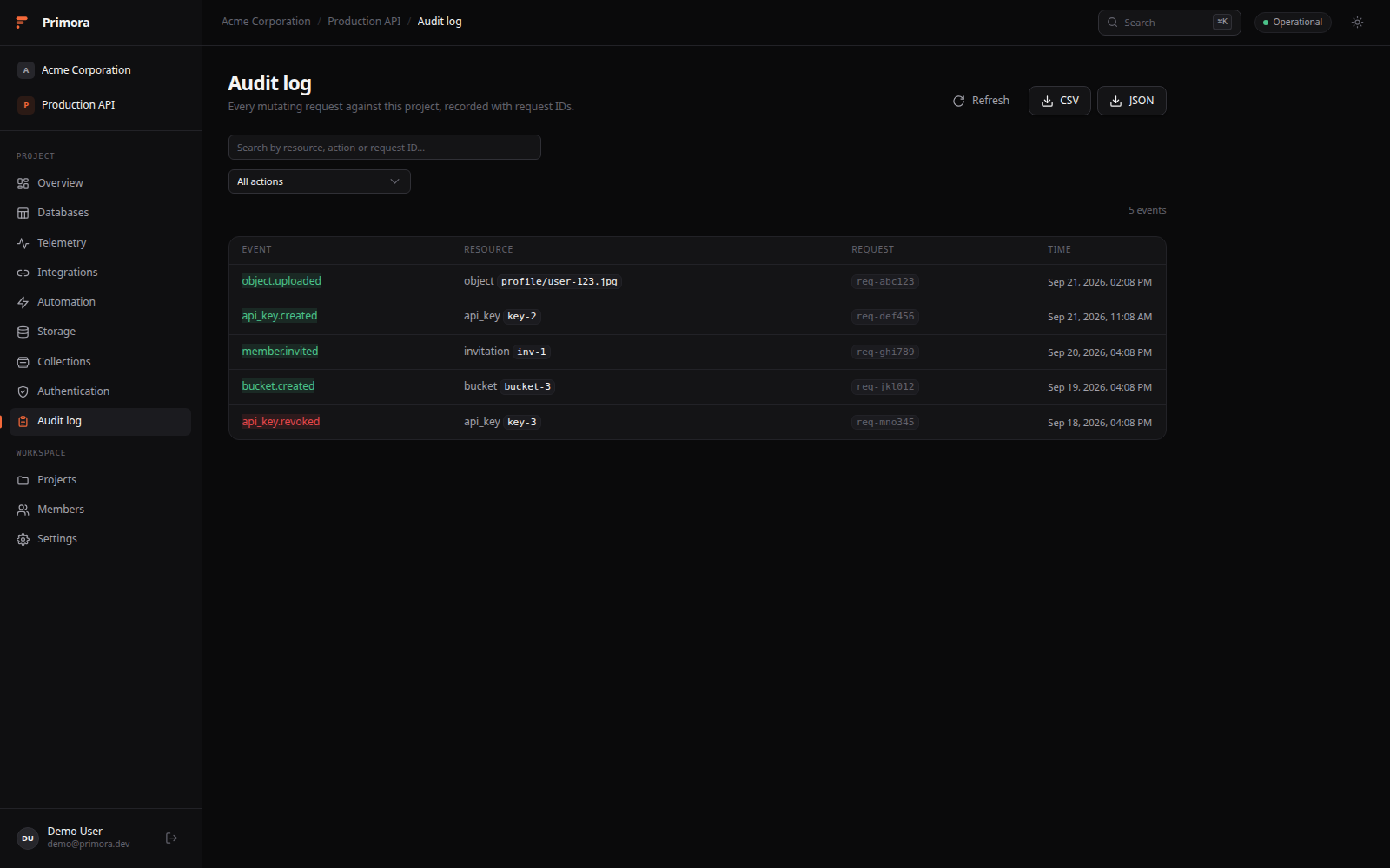 Audit log with export